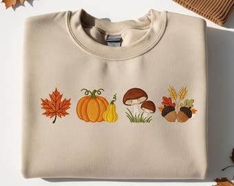 Embroidered Fall Sweatshirt, Autumn Leaves and Pumpkins Shirt, Cozy Fall Sweater, Mushrooms and Acorn Embroidery, Fall Vibes Sweater