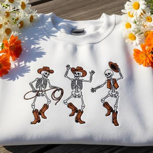 Halloween Embroidered Sweatshirt, Western Cowboy Skeleton Shirt, Spooky Season Dancing Skeleton Sweatshirt, Halloween Gift for Cow Lover