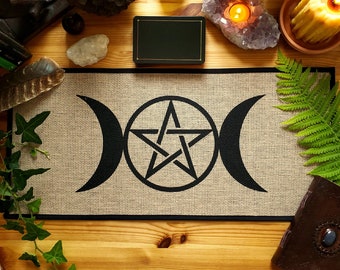 Altar Cloth - Witchcraft & Wiccan Altar Tarot Cloth - Witch Decor, Pagan Decor, Witchy Gifts - Triple Goddess Pentagram - Burlap - 24"x11