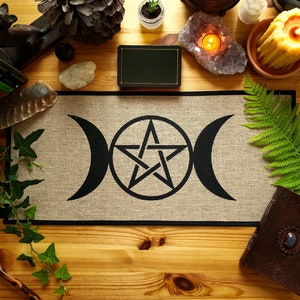 Altar Cloth - Witchcraft & Wiccan Altar Tarot Cloth - Witch Decor, Pagan Decor, Witchy Gifts - Triple Goddess Pentagram - Burlap - 24"x11