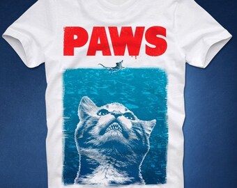 PAWS  Ringer T-Shirt Tee Jaws Shark  Cat Kitten Parody Movie Poster Weisser Hai