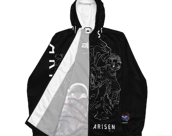 May include: Black and white hooded jacket with a zipper closure. The jacket has a white lining and features a graphic design on the front with the text "ARisen" printed on the bottom.