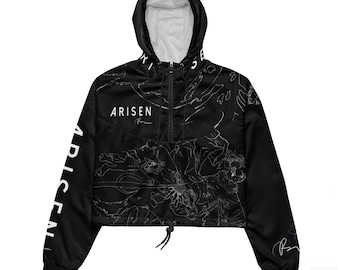 May include: Black hooded jacket with a white graphic print of a person and the word "ARISEN" on the front and sleeves.
