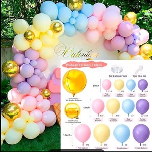 Puede incluir: Un conjunto de globos de colores pastel en rosa, amarillo, azul y morado. Los globos están dispuestos en forma de guirnalda e incluyen una cadena de globos de 5 m, 1 punto de pegamento y globos dorados 4D de 45,7 cm y 25,4 cm. Los globos están etiquetados con la cantidad y el color. El texto "Package Include: 122pcs" es visible en la imagen.