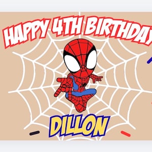 May include: A birthday banner featuring a cartoon Spider-Man character in a web design. The banner reads "HAPPY 4TH BIRTHDAY" in red, with the name "DILLON" in blue. Decorative sprinkles in red, blue, and black complete the design.
