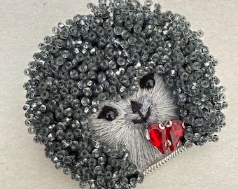 Hand Embroidered Hedgehog Brooch, Crystal Pearl Animal Pin, Beaded Nature Jewelry