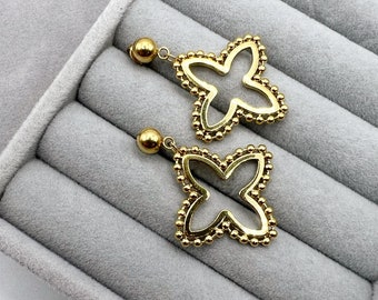 Boucles d'oreilles trèfle dorées et acier inoxydable : Boucles d'oreilles pendantes porte-bonheur