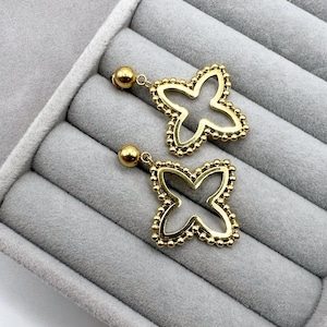 Gold Stainless Steel Clover Earrings: Lucky Charm Dangle Earrings