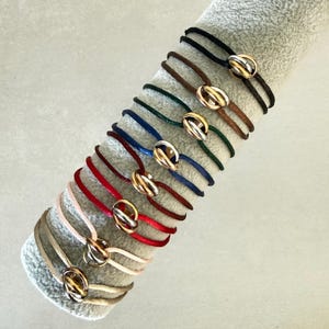 Gold Trinity Ring Satin Cord Bracelet, Adjustable Minimalist Jewelry, Stainless Steel Clasp