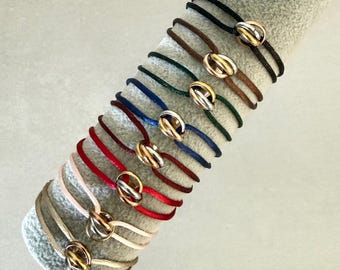 Gold Trinity Ring Satin Cord Bracelet, Adjustable Minimalist Jewelry, Stainless Steel Clasp
