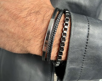 Carl Multi-Layered Edelstahl Leder Armband, Handgefertigtes Edelstahl Armband für Männer, Zeitlose Eleganz ,Robustheit, Maskuline Eleganz