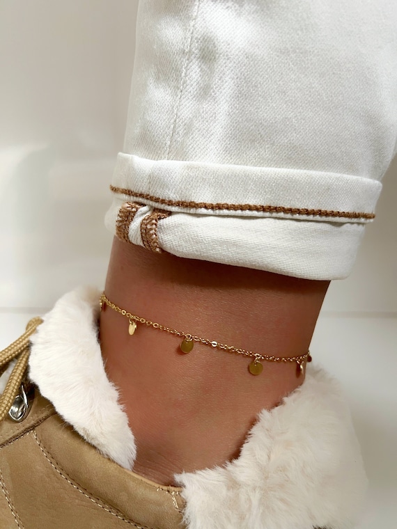 Stainless Steel Anklet 14k Vergoldet, Satelliten Fußkettchen, Fußkettchen mit kleinen Plättchen, Fußkette Gold, Kleine Bälle Fußkettchen