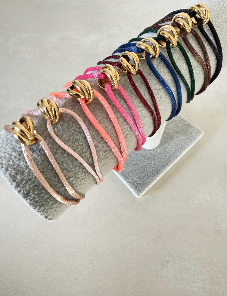Gold Trinity Ring Satin Cord Bracelet, Adjustable Minimalist Jewelry, Stainless Steel Clasp image 3