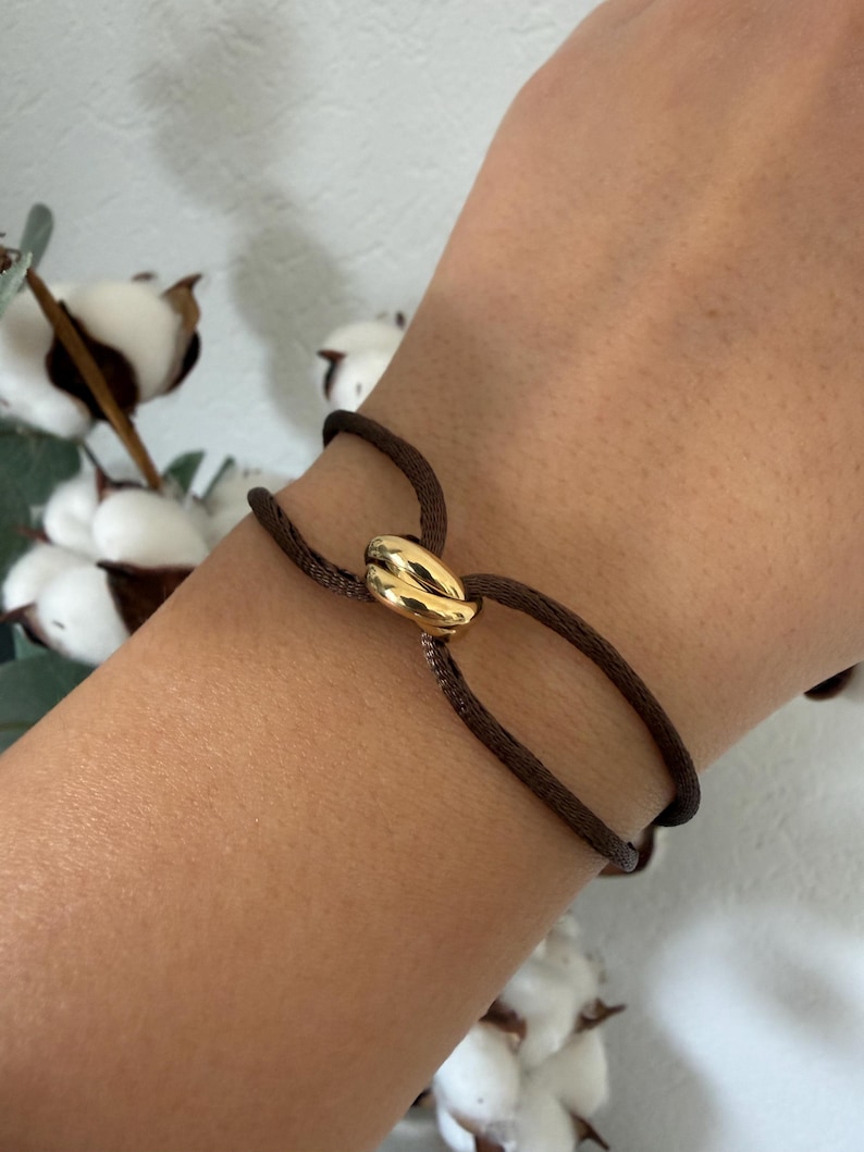 Gold Trinity Ring Satin Cord Bracelet, Adjustable Minimalist Jewelry, Stainless Steel Clasp image 5