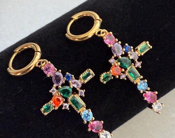 Sparkling Zirconia Cross Earrings: Stainless Steel Dangle Jewelry