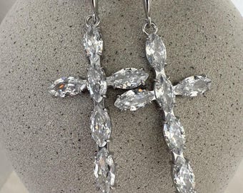 Sparkling Zirconia Cross Earrings: Stainless Steel Dangle Jewelry