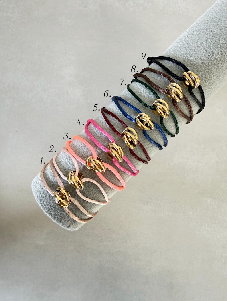 Gold Trinity Ring Satin Cord Bracelet, Adjustable Minimalist Jewelry, Stainless Steel Clasp image 2