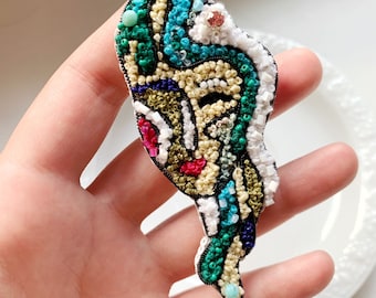 Handmade Beaded Brooch: Cubism Art Embroidery Pin