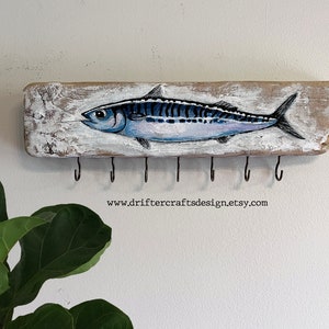 Driftwood Key Holder Hand Painted Mackerel Fish Art on Driftwood Fishing Gear Organizer | Birthday Christmas Gift for Fishing Enthusiasts