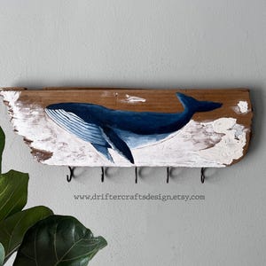 Blue Whale Art Driftwood Key Holder Fishing Gear Entryway Organizer Coastal Wall Art Housewarming Gift for Fishing Enthusiasts