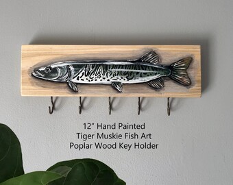 12" Hand-Painted Tiger Muskie Key Holder, Fish Art Wall Decor