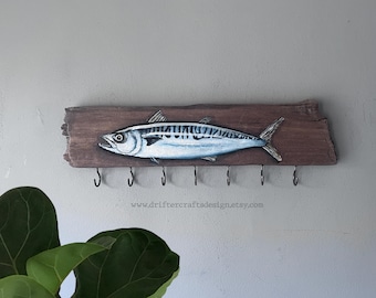 Driftwood Mackerel Fish Key Holder | Hand Painted Fishing Décor, Father's Day Gift