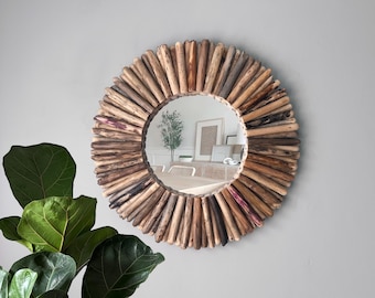 Driftwood Sunburst Mirror: 24" Coastal Beach Wall Art