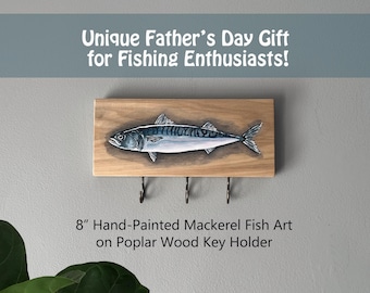 8" Hand-Painted Mackerel Fish Art Key Holder, Poplar Wood Entryway Organizer, Unique Father's Day Gift