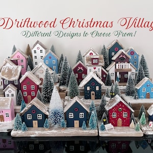 Christmas Village Houses Holiday Décor Wooden Handmade Winter Village Scene Cottages Rustic Driftwood Christmas Ornament Family Holiday