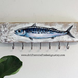 Driftwood Key Holder Hand Painted Mackerel Fish Art on Driftwood Fishing Gear Organizer | Unique Birthday Gift for Fishing Enthusiasts