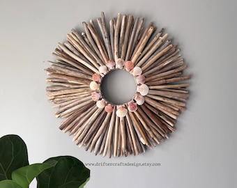Handmade Driftwood Sunburst Wreath with Seashells - 24" Coastal Wall Art