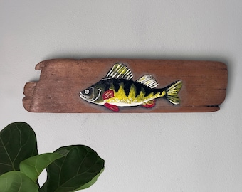 Hand-Painted Yellow Perch Fish Painting on Driftwood - Beach Home Decor