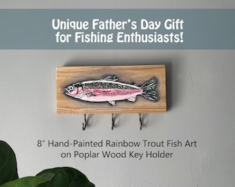 8" Hand-Painted Rainbow Trout Art Key Holder, Poplar Wood Entryway Organizer, Father's Day Gift