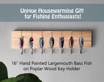 16" Hand-Painted Fishing Lure Key Holder: Poplar Wood Entryway Organizer, Housewarming Gift