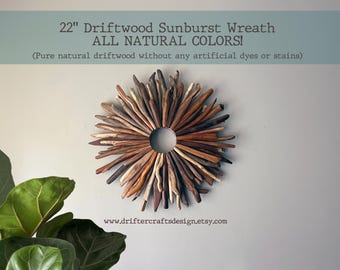 22" Handmade Driftwood Sunburst Wreath – Coastal Boho Wall Art, Nautical Home Décor