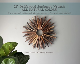 22" Handmade Driftwood Sunburst Wreath – Coastal Boho Wall Art, Nautical Home Décor