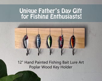 12" Hand-Painted Fishing Lure Key Holder: Poplar Wood Entryway Organizer, Father's Day Gift