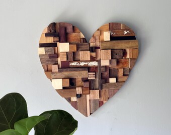 Reclaimed Wood Heart Mosaic Wall Art: Rustic Upcycled Decor (15"x15")