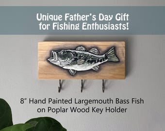 Hand-Painted Largemouth Bass Fish Art Key Holder, 8" Wood Entryway Organizer, Father's Day Gift