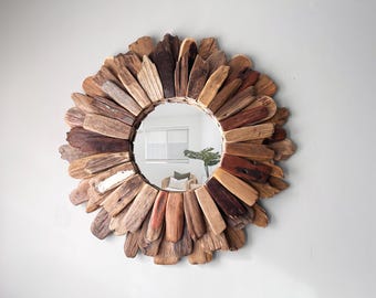 Driftwood Sunburst Mirror: 30" Handcrafted Rustic Coastal Wall Art, Housewarming Gift