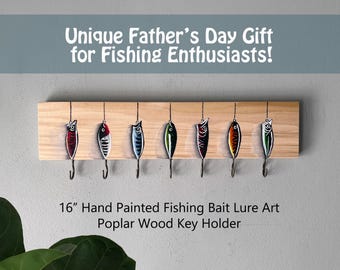 16" Hand-Painted Fishing Lure Key Holder: Poplar Wood Entryway Organizer, Father's Day Gift