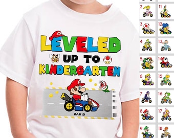 Camiseta personalizada Super Kiddio Leveled Up, camiseta personalizada para niños pequeños, camiseta de regreso a clases, camiseta del primer día de clases, camiseta de jardín de infantes