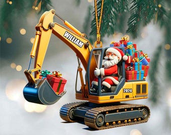 Enfeite de Natal personalizado do Papai Noel na escavadeira, enfeite de escavadeira, presentes para crianças