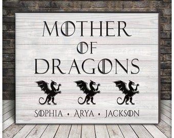 Personalized Mother of Dragons, Game of Dragon, Mother Canvas with Little Dragons Wall Art Canvas, Mother's Day Gift For Mom Grandmother
