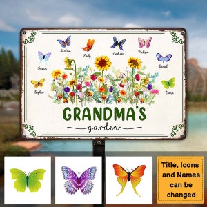 Grandma&#39;s Garden Metal Sign, Custom Kids Name Butterflies, Mother&#39;s Day Gift For Mom Grandmother