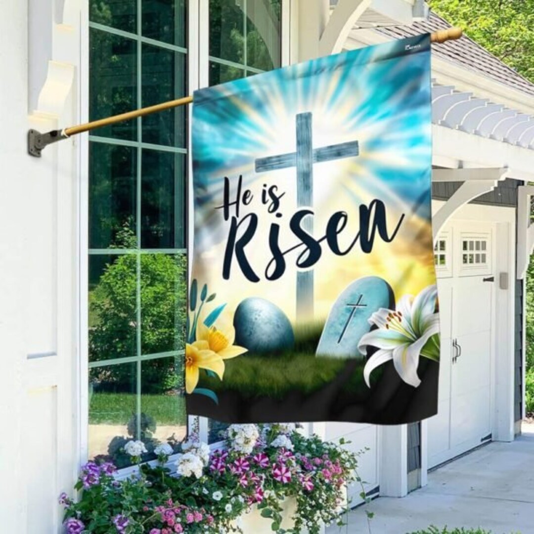 Easter Christian Cross Resurrection of Jesus He is Risen Flag, Easter Garden Flag, Easter Egg ...
