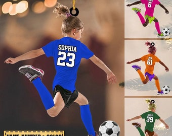 Personalized Soccer Girl Ornament, Soccer Player Ornament, Custom Name Number Soccer Ornament, Soccer Keepsake, Soccer Christmas Ornament
