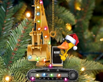Personalized Excavator Duck Christmas Ornament, Custom Name Excavator Acrylic Ornament, Christmas Gift For Crane Worker, Kid Christmas Gift