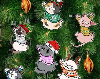 パーソナライズされた猫のクリスマスオーナメント、面白いカスタム猫のオーナメント、吊り下げ式猫のオーナメント、猫好きの方へのカスタムペットギフト、猫ママへのギフト