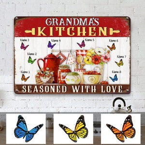 Grandma Butterflies Kitchen Metal Sign, Seasoned With Love, Custom Kids Name Butterflies, Mother&#39;s Day Gift For Mom Grandmother